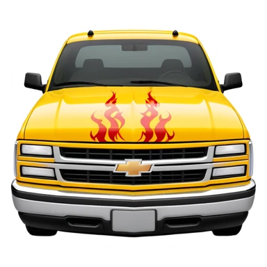Bright yellow 1997 Chevrolet Silverado with authentic red flame print decal across the front hood, precise Kill Bill movie detail, 30-degree angle, iOS emoji style sticker