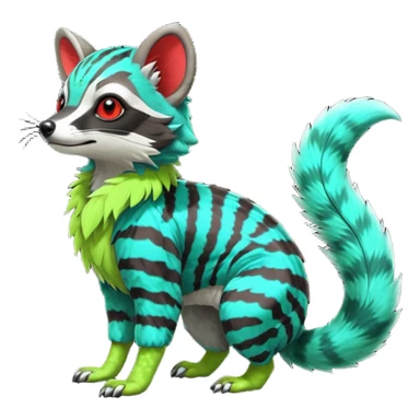 Colorful neon red-striped cyan-spotted lime-green tropical exotic cute cool beautiful shiny beautiful fantasy-civet-genet-sergal-vernid-Gryphon-Cacomistle-Trico-oncilla-animal-Fakémon-hybrid-fursona (full body) sticker