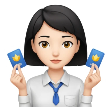 A young guide with short black hair and fair skin is wearing a white shirt, showcasing her license with both hands, which is horizontal. sticker