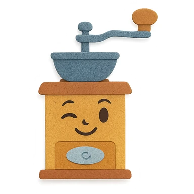 vintage coffee grinder, full body, winking, hand-drawn soft pastel style sticker