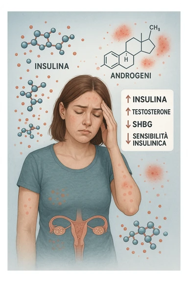 Donna tra i 25 e i 35 anni in primo piano, con espressione affaticata. Intorno al suo corpo appaiono in modo stilizzato e simbolico squilibri ormonali: molecole di insulina in eccesso fluttuano attorno, androgeni (testosterone) evidenziati sopra la testa, segnali visivi di infiammazione cronica lieve. Sopra le ovaie (visibili in trasparenza) compaiono piccole cisti multiple. Accanto a lei, un diagramma stilizzato mostra: '↑ Insulina', '↑ Testosterone', '↓ SHBG', '↓ Sensibilità insulinica'. L’atmosfera è scientifica, educativa ma empatica. Stile realistico con elementi infografici fluttuanti e colori freddi ma puliti. in italiano sticker