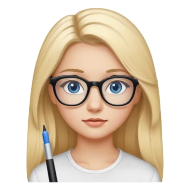 Fille 20ans qui a des cheveux long et blond  avec des lunettes et des yeux bleu- gris avec du mascara sur les yeux et un haut blanc sticker