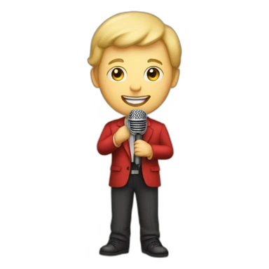 white light skin man person in theater standing on a stage with red curtains holding a microphone smiling with light hair sticker