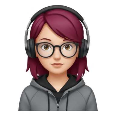 white girl with burgundy hair, gray glasses, black deportive hoodie and black headphones sticker