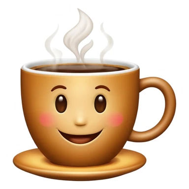 Create an emoji-style image of a warm morning cup of coffee with steam rising and a cheerful smiling face on the cup. The background should feel cozy and bright, like morning sunshine. sticker