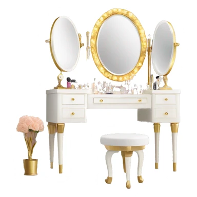 White vanity with gold mirror and clear chair with gold legs and makeup displayed  sticker