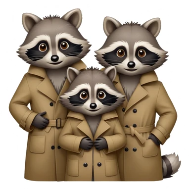 Three mischievious raccoons standing on top of each other pretending to be one person in a  single trench coat sticker