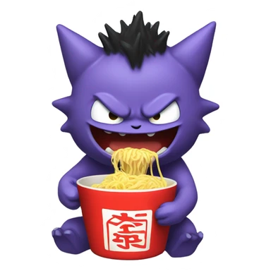 iOS emoji art style, Pokémon character Gengar, eating ramen noodles. sticker
