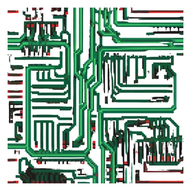 Circuit board pattern member badge with green to red gradient power flow sticker