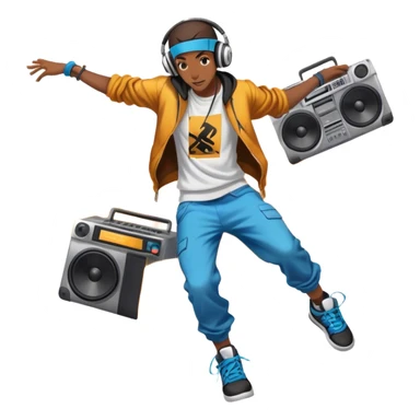 Icon for Street Dance: a dancer in urban streetwear performing a dynamic breakdance move, with a spray-painted background  and boombox nearby,  headphones. The icon should represent the energy, style, and creativity of street dance culture. Transparent background. sticker