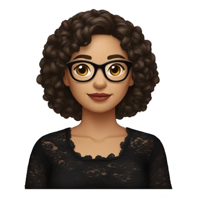 Hispanic woman with black glasses and long brown curly hair over the shoulder, holding yarn wearing a black lace shirt sticker