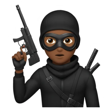 A young African male wearing a ski mask in full black clothing, holding a micro Draco gun in the air carelessly sticker