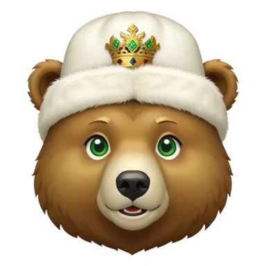 Cute grizzly bear face with green eyes, wearing a white fur hat with golden Russian coat of arms in the middle sticker
