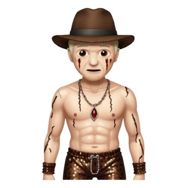 Freddy Krueger with burned skin, dark brown sequin baggy pants, shirtless with necklace sticker