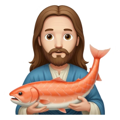 a white Jesus with a long beard holding a salmon sticker