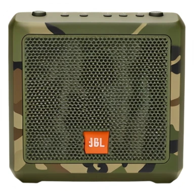 JBL Go 4 in woodland camouflage, simplified design, front view showing speaker grill, modern minimal approach, military style sticker