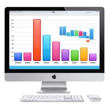 iMac computer with bar charts and beauty products inside the screen sticker