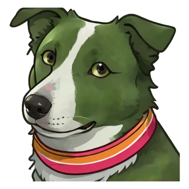 Black dog with small white strip on nose, semi sticked up ears, bordercollie features sticker