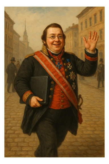 Павел Николаевич Демидов идёт с закрытым ноутбуком по улице города 19 века в руках улыбается и машет рукой вперед, рисованный стиль sticker