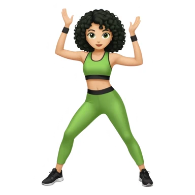 woman with olive skin and curly black hair wearing a green workout outfit and standing in a disco pose sticker