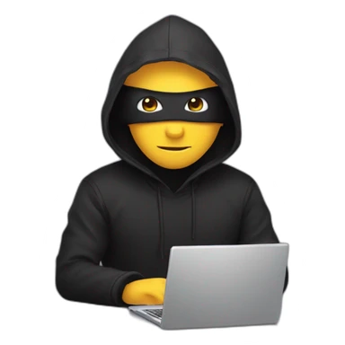 Developer with a black hood behind his computer and taping on his keyboard sticker