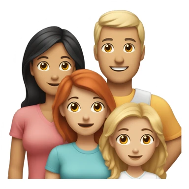 A family of 5 with the dad having black hair, the mom having brown hair, the oldest daughter having blonde hair, the second older daughter having red hair, the youngest boy having light red hair, and a white dog sticker