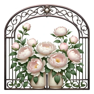 A nostalgic vintage garden scene where sunlight filters through an ornate iron gate, illuminating a delicate bouquet of white peonies and pale pink roses arranged in an ivory ceramic vase, with shimmering pearl butterflies resting on the petals.
 sticker
