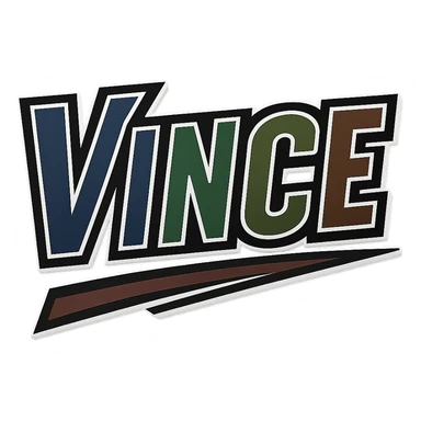 Vince name in masculine, modern, gradient font with precise Hungarian characters, dark outline, extra thick, prominent white border as in reference images, dynamic slanted underline, masculine color shades (blue, gray, burgundy, green, brown), 1000x1000 px, PNG, transparent background sticker