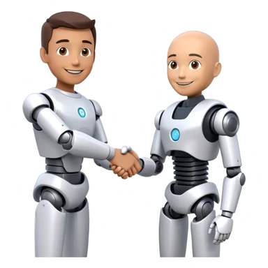 Futuristic emoji: a man and a humanoid robot shaking hands in a friendly manner. The man is smiling, and the robot looks friendly. Minimalistic background, 3D style, realistic details. sticker