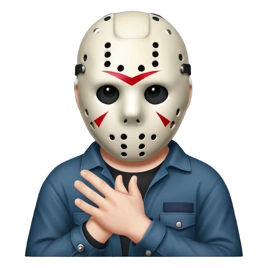 a cartoon image of Jason Voorhees, looking cute, with his hands clasped in front of him, at a sideways angle sticker