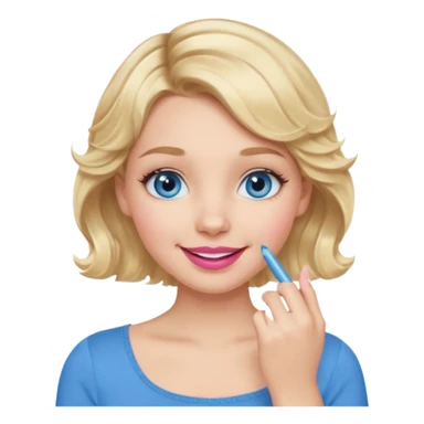 Girl Blonde short wavy hair,  blue eyes, cute blue top, long lashes, pink lips, smiling, hand over the mouth sticker
