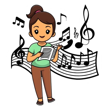 young morena woman with medium-brown skin, long straight dark brown hair, thick eyebrows, almond-shaped dark brown eyes, full lips, gentle smile, surrounded by musical notes, treble clefs, sound waves, dreamy colorful illustration, sticker-like white outline sticker