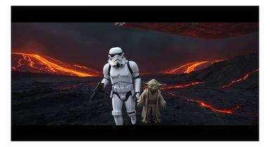 Cinematic still, Shot on vlog camera, Starwars stormtroopers vlogging , he is walking on lava planet with yoda sticker