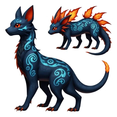 Shiny Fiery Dark Ugly Evil Realistic Glowing Eldritch Horror Cool Edgy Badass Emo Demonic Batty Dusky Ethereal Punky Aural Fluorescent Bioluminescent Hideous Canine-Litten-Amaura-Salandit-Noibat-Flareon-Fakémon-fusion (full body) with intricate pattern markings sticker
