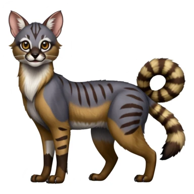 Realistic edgy bluish greyish blackish whitish silvery coppery Shiny Colorful Dusky Dark Gloomy Glossy Genet-Caracal-Lion-Bobcat-fusion-animal-hybrid-creature, full body, tufted ears, long thin tufted tail sticker