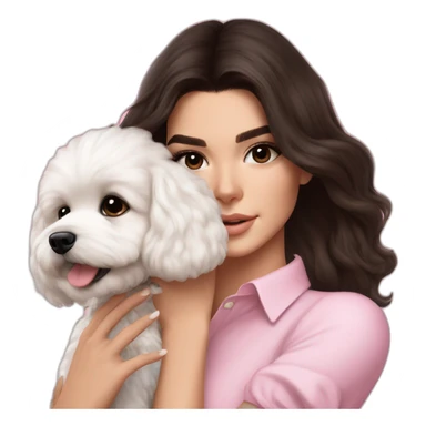 brunette Kendall Jenner with long hair holding on the hands white maltipoo wear on pink collar sticker