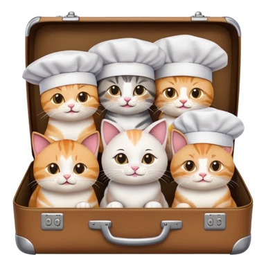 a group of cats, some wearing chef hats, all sitting together inside a big suitcase, emoji style sticker