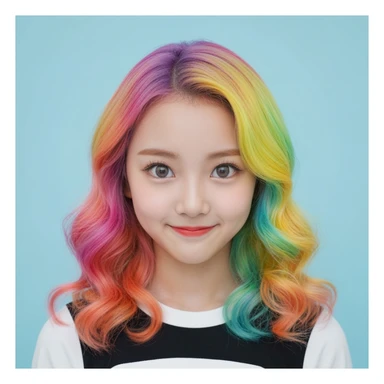 kpop girl with rainbow hair, cute, expressive, minimal sticker