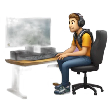 Gamer siting next to a gaming computer sticker