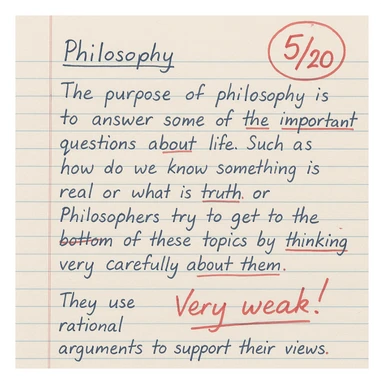 handwritten philosophy paper, high school, lined paper, blue ink, grade 5/20 circled in red, teacher's comment in red, a few red marks and corrections sticker