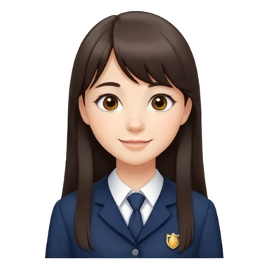Pretty student with dark brown bangs and long straight hair, elegant school uniform, natural makeup, charming smile sticker