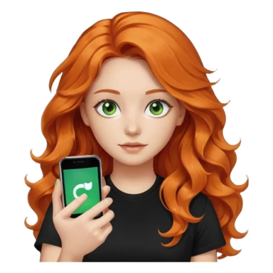 Girl with dark long orange wavy hair, green eyes, and black t-shirt and phone with tiktok app on hand sticker