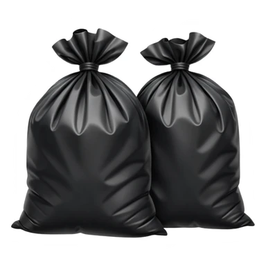 two black trash bags tied at the top, slightly crinkled glossy plastic texture, full rounded shapes, visible knot or twist at the top of each bag, natural folds and bulges suggesting volume, soft lighting, subtle shadows, emoji scale, transparent background sticker