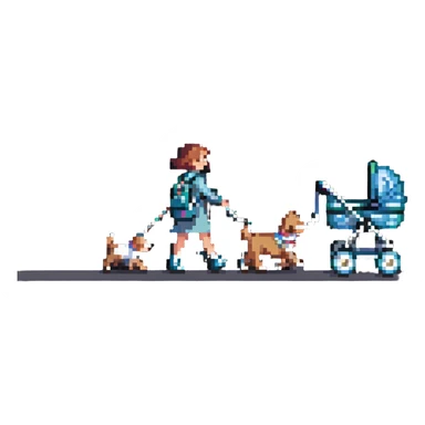girl walking with a stroller and dog on a leash sticker