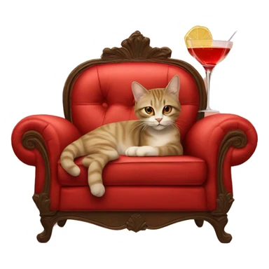 cat laying on vintage red sofa holding a fancy cocktail in its paw sticker