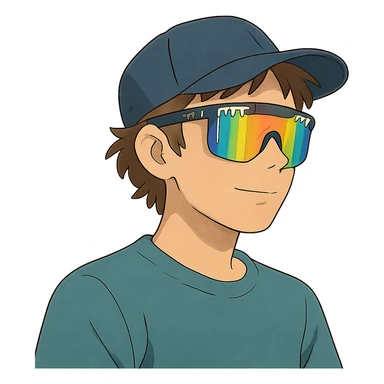ghibli style guy with brown hair, baseball cap, wearing polarized Pit Viper glasses sticker