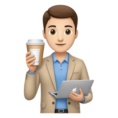 business owner confidently, holding a closed laptop in one hand and a takeaway coffee cup in the other. The character wears casual-smart clothes. sticker
