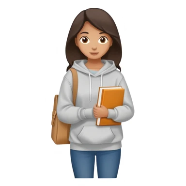 A flat-style illustration of a woman college student with a tote bag over the shoulder and a book in one hand. The student wears a hoodie. Clean cartoon style, white background, iOS emoji aesthetic. sticker
