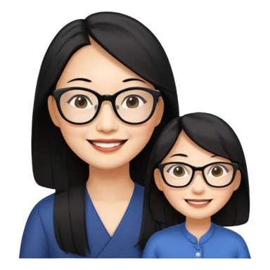 50 yr old asian woman, long straight black hair, side part, big glasses sticker