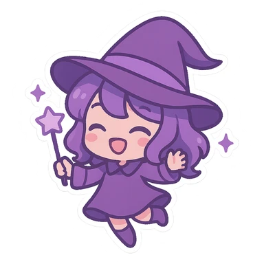 Purple Chibi stickers, cute witch hat, playful and magical, Chibi style sticker